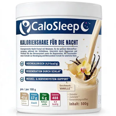 Produktbild von CaloSleep Nacht-Shake als hochkalorische Trinknahrung | 488 kcal/100g mit Melatonin, GABA & Magnesium|500g Vanille ( Germany)