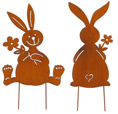 Produktbild von 2er Set XL Outdoor Osterdeko Osterhasen 26cm x 50cm Wetterfeste Stahl-Aufsteller Vintage Gartendeko Edelrost
