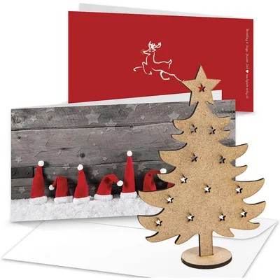 Produktbild von Logbuch-Verlag 3 Weihnachtskarten DIN lang 10,5 x 21 cm rot weiß grau + Umschläge + Mini Weihnachtsbaum aus Holz - Karte mit Geschenk