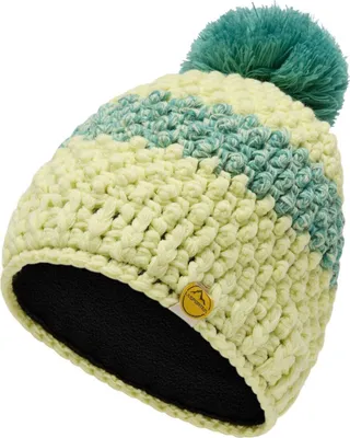 Gelbe und grüne gestrickte Mütze mit Bommel; Modell "Terry Beanie W" von La Sportiva.