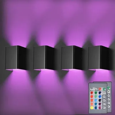 Image de Quatre appliques murales LED modernes, noires, avec télécommande, pour le salon et d'autres pièces, couleur de lumière : RGB, noir.