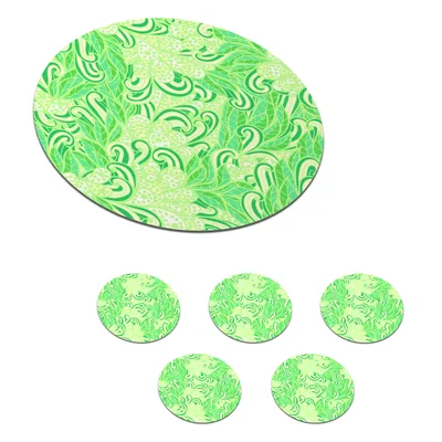 Obrázok produktu pre MuchoWow® Okrúhly sklenený podšálok, sada 6 ks Vzory - abstraktné - listy - zelené 10x10x0.3cm Podložky pod poháre - podložky pod nápoje - ochrana
