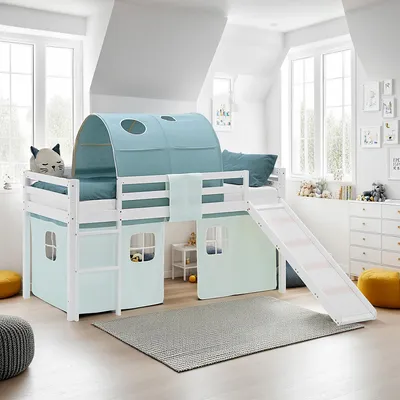 Produktbild von Homestyle4u Hochbett 90x200 Kinder Weiß Rutsche Vorhang Tunnel grün Kinder Weißbett Spielbett Lattenrost