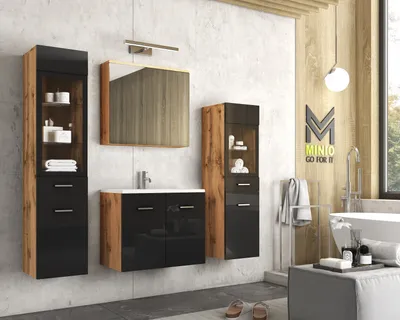 Image de Ensemble de meubles de salle de bain MINIO "MARIT II", comprenant un meuble-lavabo, sans éclairage LED – Chêne Wotan / Noir brillant