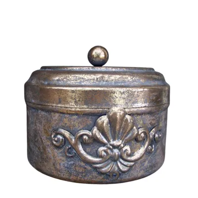 Produktbild von Antike Aufbewahrungsdose aus Metall, goldfarben gewischt, mit Ornament, H 10 cm, Ø 11,8 cm
