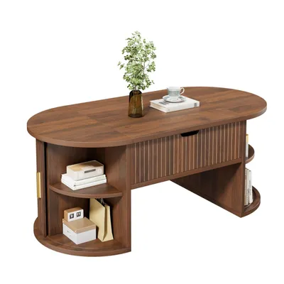 Produktbild von Moderner, höhenverstellbarer Couchtisch , Höhenverstellbarer Couchtisch fürs Wohnzimmer , Offene Regale und versteckter Stauraum , Schiebetüren