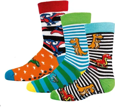 Produktbild von 3 Paar Dinosaurier Vollfrottee Socken mit rutschhemmendem ABS Druck Gr. 27-30