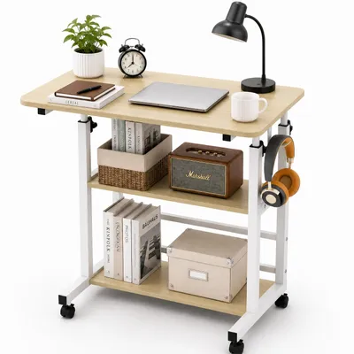 Produktbild von Höhenverstellbarer Beistelltisch auf Rollen 60 × 40 × 63–90 cm, Mobiler Laptoptisch & Pflegetisch, 3-stufiges Design, Arretierbare Rollen, Holzoptik