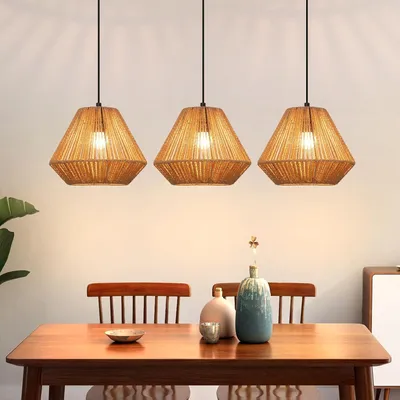Image de ZMH Lampe à suspendre Boho Lampe à suspendre en rotin Suspension réglable en hauteur Lampe à suspendre salle à manger 3 flammes Lampe de table design rétro avec douille E27