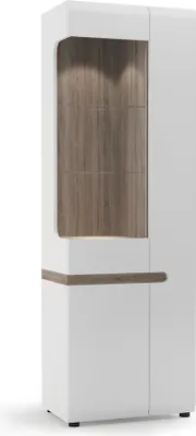 Produktbild von Wohn-/Esszimmer Vitrinenschrank mit Beleuchtung in weiß Hochglanz mit Trüffel Eiche Nb. LEGNICA-129, B/H/T ca. 64/194,5/42 cm