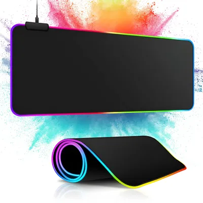 Productafbeelding van RGB-gaming muismat, 800 x 300 mm, XXL-gaming muismat, 13 verlichtingsmodi, 7 LED-kleuren, antislip oppervlak voor pc's en professionele gamers, zwart