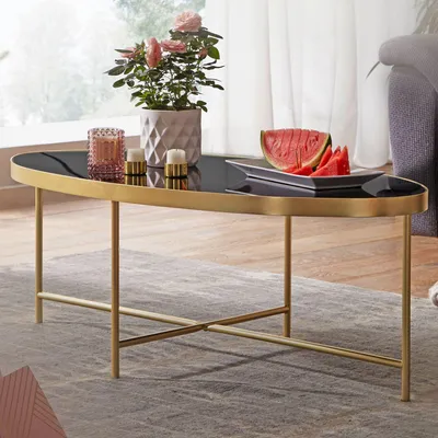 Produktbild von WOHNLING Design Couchtisch Glas Schwarz - Oval 110 x 56 cm mit Gold Metallgestell Großer Wohnzimmertisch Lounge Tisch Glastisch
