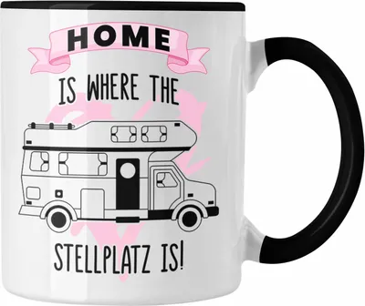 Produktbild von Trendation - Wohnwagen Camper Tasse Geschenke Wohnmobil für Männer Campingwagen Geschenkidee Zubehör Camping Opa Oma Rentner Lustig Grafik Home Is Where The Stellplatz Is (Schwarz)