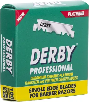A green cardboard box containing Derby Professional single edge razor blades.