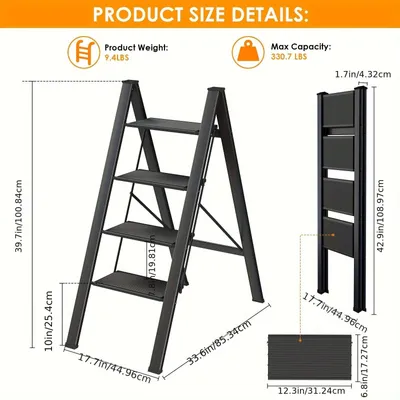 Immagine prodotto di Scala domestica in alluminio con 4 gradini antiscivolo, finitura nera e design pieghevole, ideale per lavori di bricolage