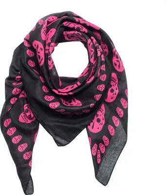 Produktbild von Baumwollschal – Totenköpfe 1 schwarz – rosa – quadratischer Stoff