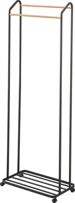 A black metal garment rack with two wooden bars and a slatted shelf at the bottom, shown against a white background.