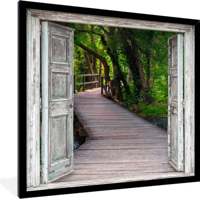 Produktbild von MuchoWow® Gerahmtes Poster Brücke - Wald - Aussicht 40x40 cm - Poster mit Schwarzem Bilderrahmen Wandposter Rahmen Foto Bilder - Mit Rahmen - Wanddekoration Schlafzimmer