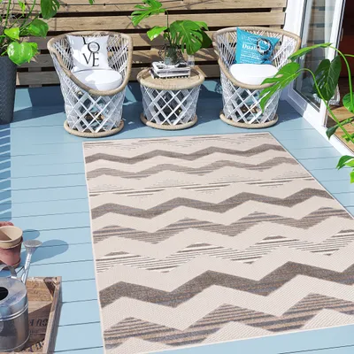 Obrázok produktu pre Carpeto Rugs Indoor & Outdoor Rug Weatherproof for Balcony, Terrace - Geometrický koberec na balkón odolný voči vode - Vonkajší koberec odolný voči poveternostným vplyvom - Vonkajší koberec na terasu veľký - béžový - 80 x 150 cm