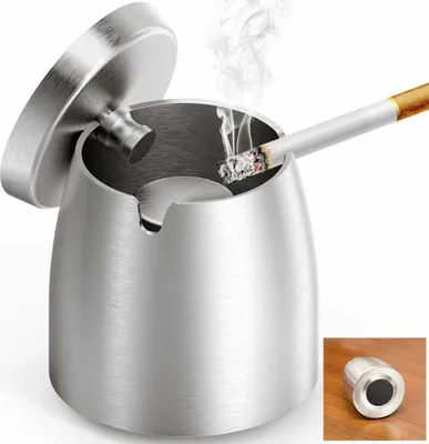 Produktbild von Windaschenbecher, Aschenbecher mit deckel aus edelstahl innenaschenbecher mit rutschfestem boden Tragbarer aschenbecher für garten und balkon