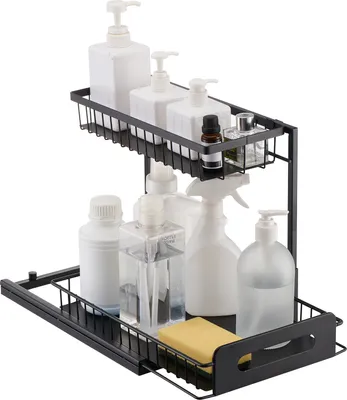 Obrázek produktu pro SucceBuy Dvoupatrový výsuvný organizér do skříňky (š 27,6 cm x h 36,6 cm) - úložné řešení pod dřez. Organizér do skříňky s výsuvnou zásuvkou. Výsuvná police s drátěným košem