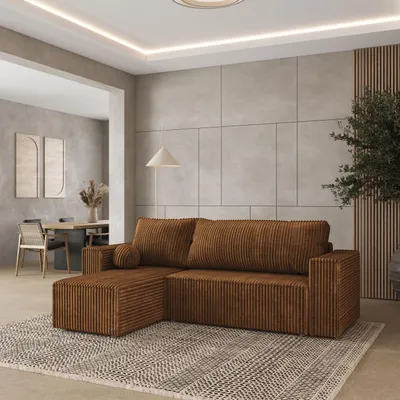 Produktbild von Masseno Ecksofa RAVELO T mit Schlaffunktion L-Form, Sofa mit Bettkasten, Wohnzimmersofa, Couch, Soffa, Bettsofa, Couchgarnitur- Orange, TILIA 56