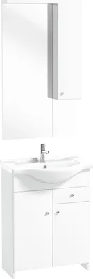 A white bathroom vanity with a sink and a mirror cabinet.