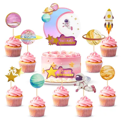 Produktbild von Ein 28-teiliges Set mit rosa Astronauten-Geburtstagstorte und Cupcake-Toppern