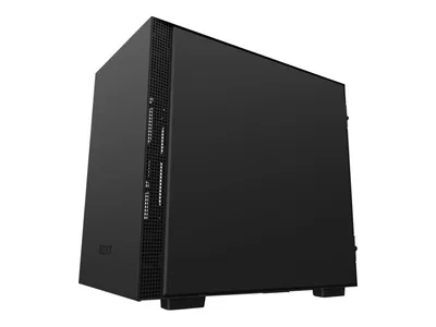 A black computer case is shown against a white background.