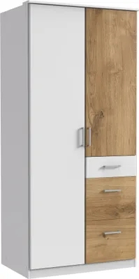 Produktbild von Kleiderschrank "Click" aus Spanplatte in Weiß mit 3 Schubladen und 2 Türen. Abmessungen (B/H/T) 90x198x58 cm
