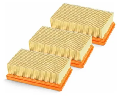 Three air filters of different sizes arranged diagonally on a white background.