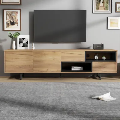 Obrázok produktu pre Sweiko Nízka skrinka na TV, viacero úložných funkcií, drevotriesková doska vo farbe dreva, otvorený úložný priestor s rebríkovými priehradkami, ponúka priestor až pre 70-palcové TV, 173 x 38 x 48 cm
