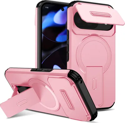 Produktbild von Magnetisch Hülle für Google Pixel 9/Pixel 9 Pro/Pixel 10/Pixel 10 Pro, Dual Layer Stoßfest Handyhülle mit Dia Kameraschutz, Verstellbarem Ständer Pink