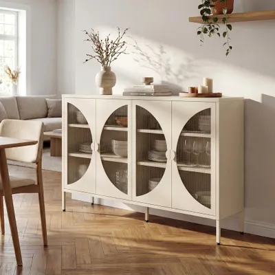 Produktbild von Industrial Sideboard aus Metall mit 4 Türen in Beige und geriffeltem Glas 140 cm ELIO
