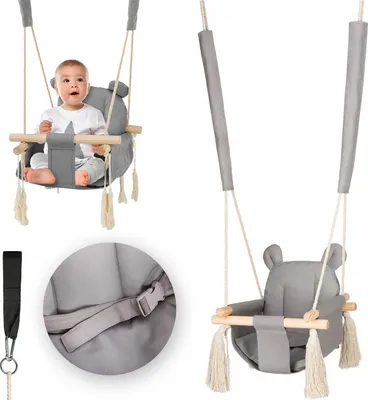 A collage of images showing a baby swing for infants and toddlers, with a close-up of the safety buckle.