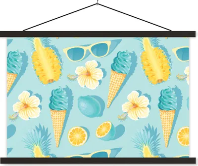 Produktbild von MuchoWow® Textilposter Sommer - Obst - Blumen - Blau 90x60 cm mit schwarzem Rahmen - Aufhängungssatz