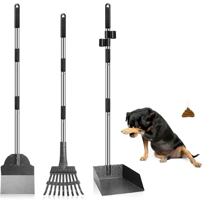 Immagine prodotto di Set di paletta per raccogliere gli escrementi dei cani, 3 pezzi, metallo, manico regolabile, colore nero