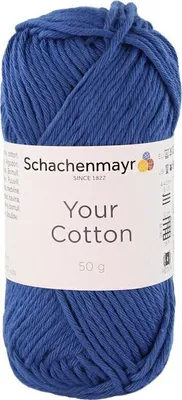 A ball of blue yarn with a label.