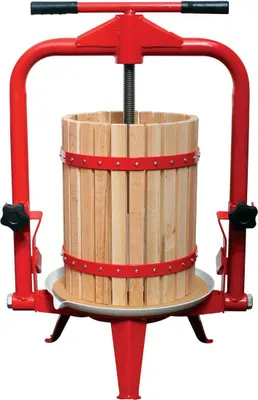 A red and wooden fruit press on a white background.