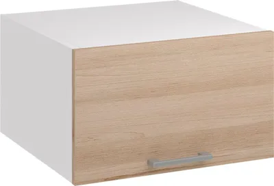 A single kitchen cabinet with a wood-grain door and a silver handle against a white background.