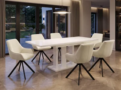 Produktbild von ENDO-Möbel Essgruppe "Appia White" - Esstisch ausziehbar 130-210cm in Weiß Hochglanz für 6 Personen mit Stühlen in Samt-Cremeweiss