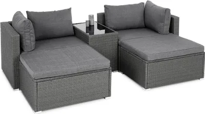 Produktbild von di volio Gartenmöbel-Set Alzano Grau/Grau, Terrassenmöbel aus wasserfestem Materialien, Modulare Gartenmöbel - Couchtisch & 2 Hocker & 2 Sessel