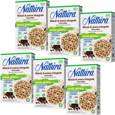 Produktbild von 6x Nattura Müesli di Avena integrale con cioccolato Senza Glutine Vollkorn-Hafermüsli mit Schokolade, glutenfrei, 300 g