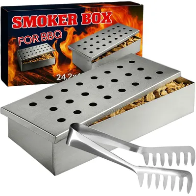 Produktbild von Edelstahl Räucherbox + Zange Smokerbox Räucherdose Holzkohle Grill Box BBQ