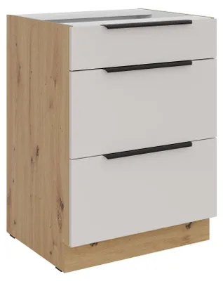Produktbild von Küchen Unterschrank 60 cm Küche SOLANO Kaschmir beige matt + Eiche Artisan matt Soft-Close Küchenzeile Küchenblock