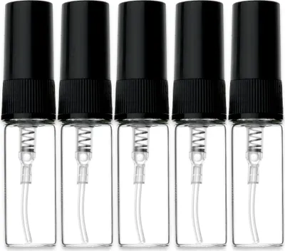 Produktbild von 5x Glasflasche klar 3 ml mit schwarzem Zerstäuber und Kappe Flaschen Apothekerflaschen