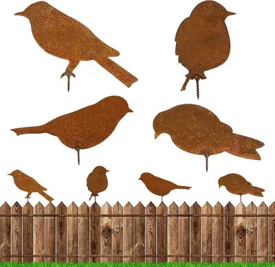 Imagen del producto de Figuras decorativas para jardín, diseño de pájaros, juego de 4 piezas, metal oxidado, con alambre y estacas metálicas, para jardín y vallas