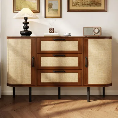 Produktbild von Merax Sideboard Kommode mit 2 Türen und 3 Schubladen, Anrichte mit geflochtene Front, verstellbare Einlegeböden, Metallfüß Wohnzimmerschrank, Walnuss