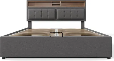 Produktbild von Polsterbett 140x200cm Doppelbett (Ohne Matratze) Jugendbett Stauraumbett Mit USB C Steckdose Ladefunktion Mit lattenrost Leinenmaterial Grau