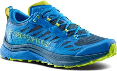 Trailrunning-Schuh 'Jackal II' von La Sportiva in Blau und Gelb mit rutschfester Sohle.